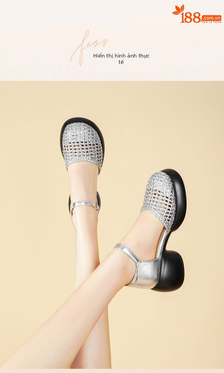 Sandal quai ngang cao gót nữ mũi bao dệt da thật, gót thô đế dày — Màu đen chi tiết 10