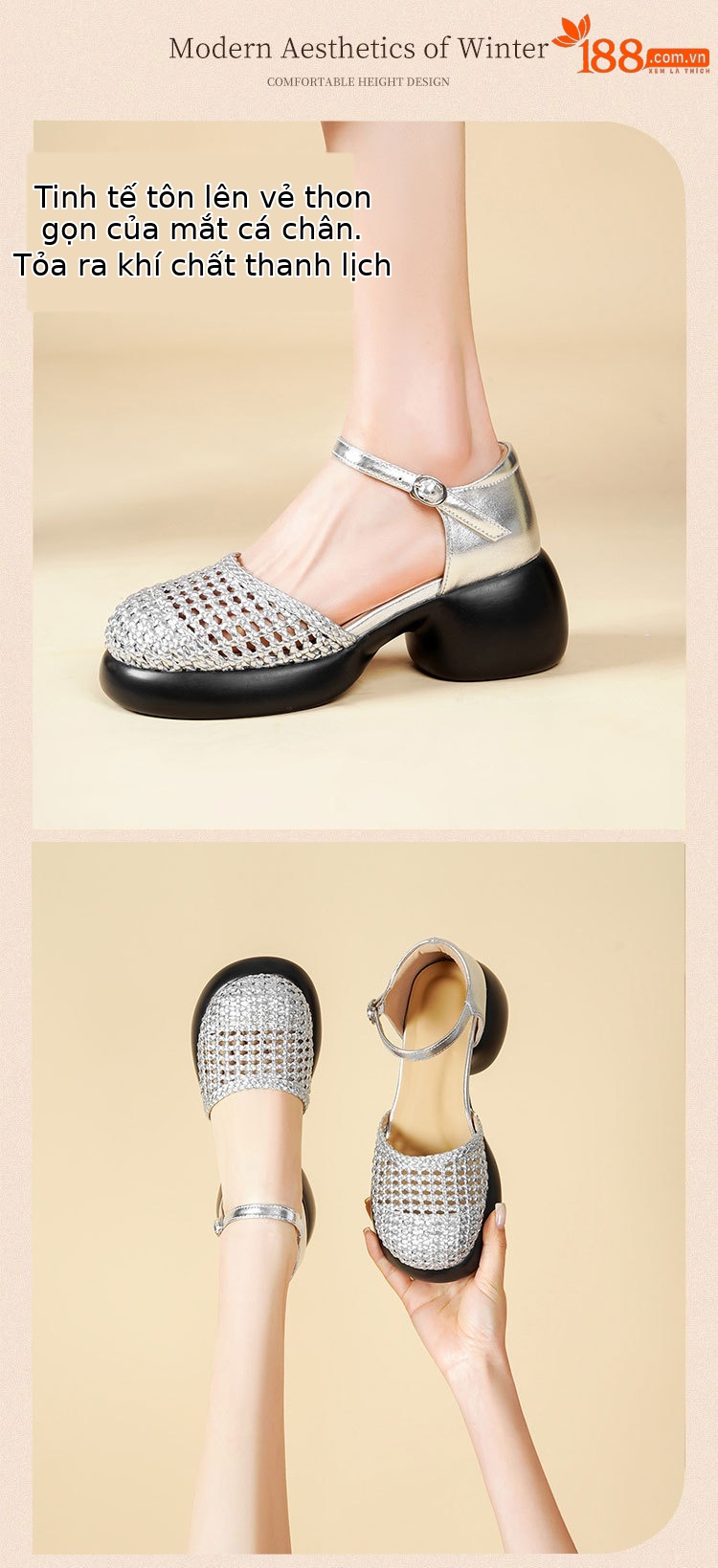 Sandal quai ngang cao gót nữ mũi bao dệt da thật, gót thô đế dày — Màu đen chi tiết 11