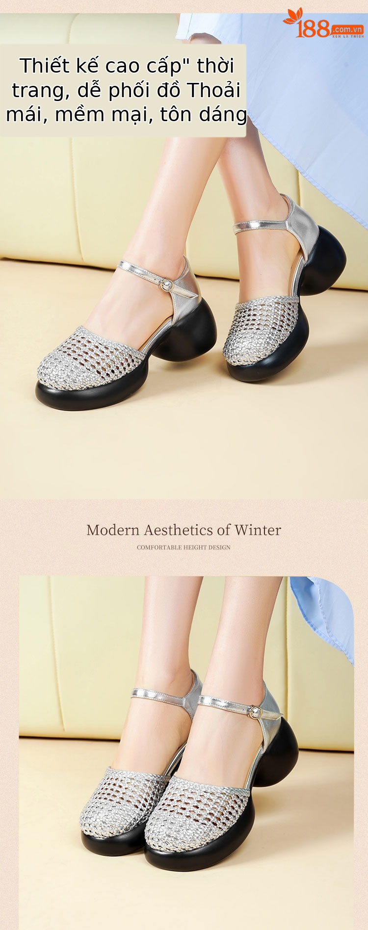 Sandal quai ngang cao gót nữ mũi bao dệt da thật, gót thô đế dày — Màu đen chi tiết 12