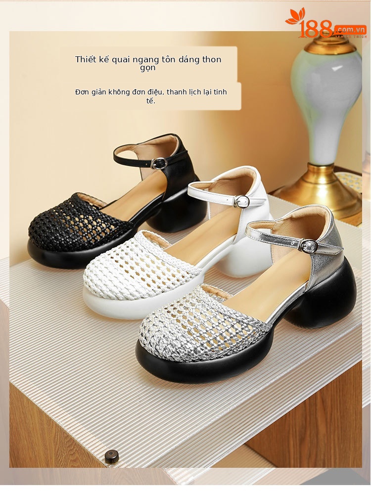 Sandal quai ngang cao gót nữ mũi bao dệt da thật, gót thô đế dày — Màu đen chi tiết 13