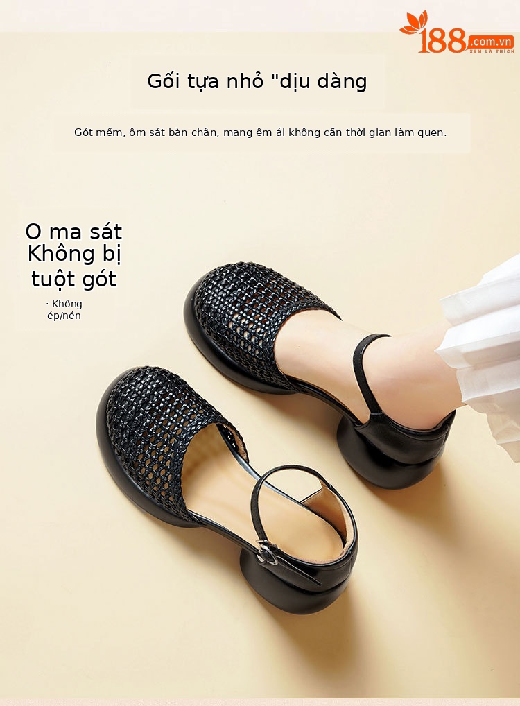 Sandal quai ngang cao gót nữ mũi bao dệt da thật, gót thô đế dày — Màu đen chi tiết 18