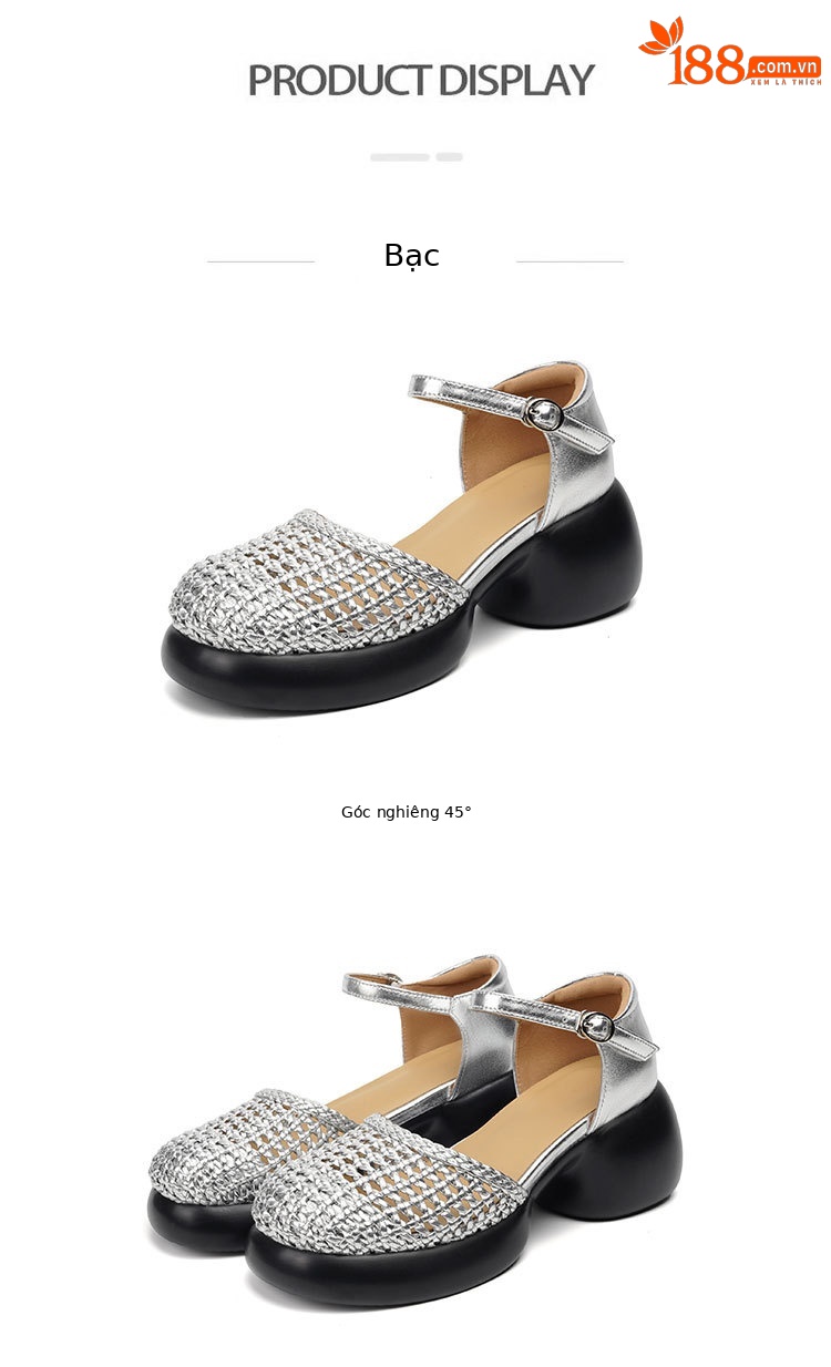 Sandal quai ngang cao gót nữ mũi bao dệt da thật, gót thô đế dày — Màu đen chi tiết 21