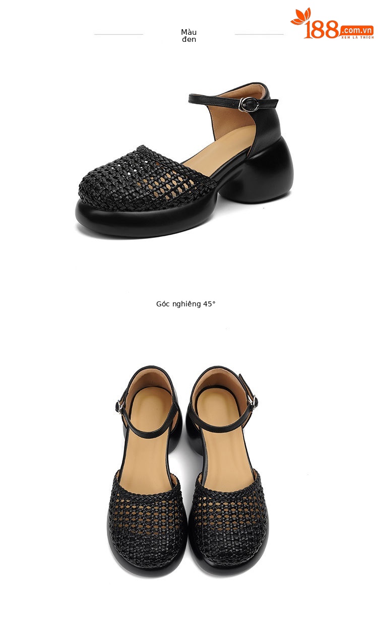 Sandal quai ngang cao gót nữ mũi bao dệt da thật, gót thô đế dày — Màu đen chi tiết 22