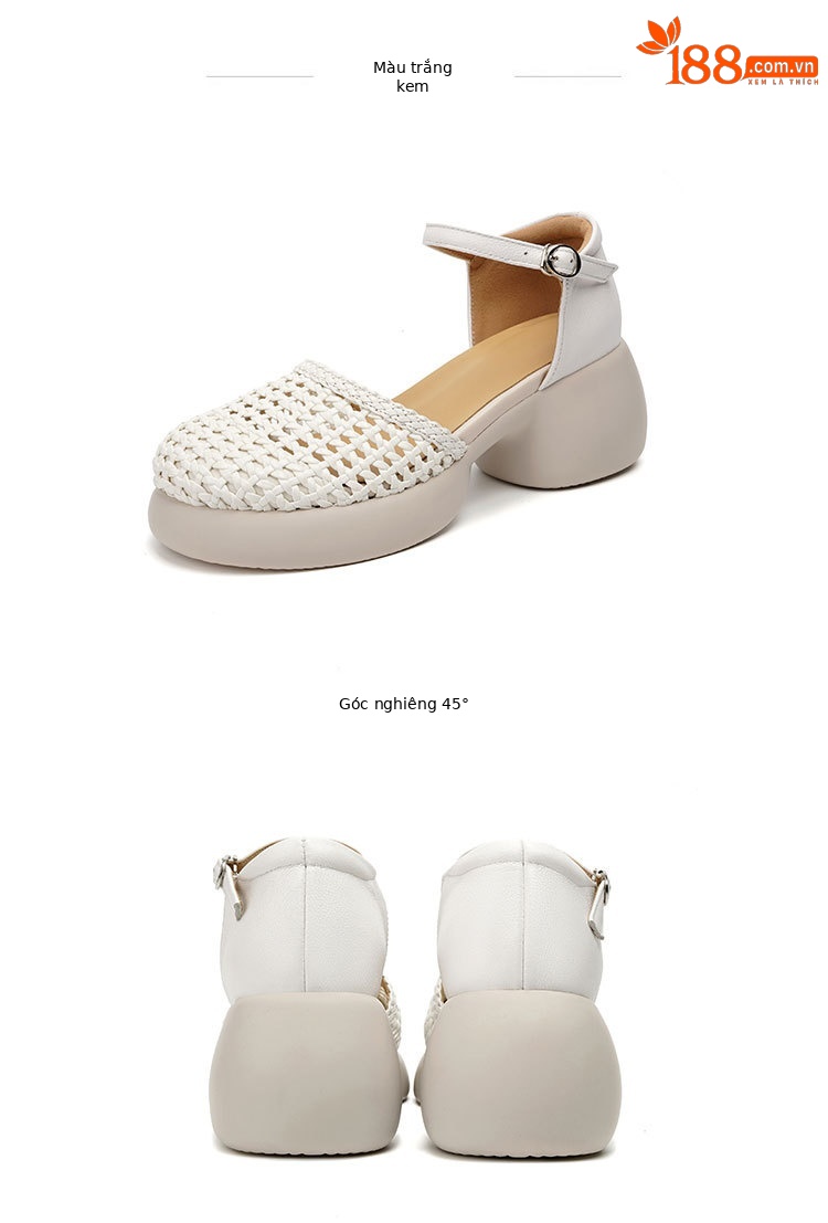 Sandal quai ngang cao gót nữ mũi bao dệt da thật, gót thô đế dày — Màu đen chi tiết 23