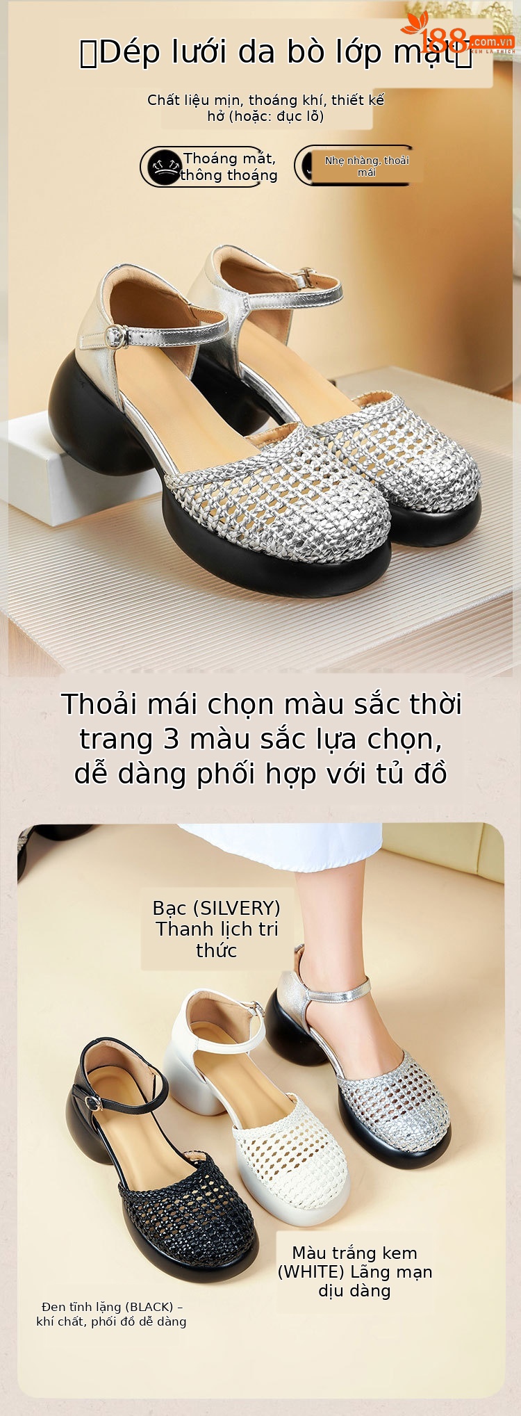Sandal quai ngang cao gót nữ mũi bao dệt da thật, gót thô đế dày — Màu đen chi tiết 1