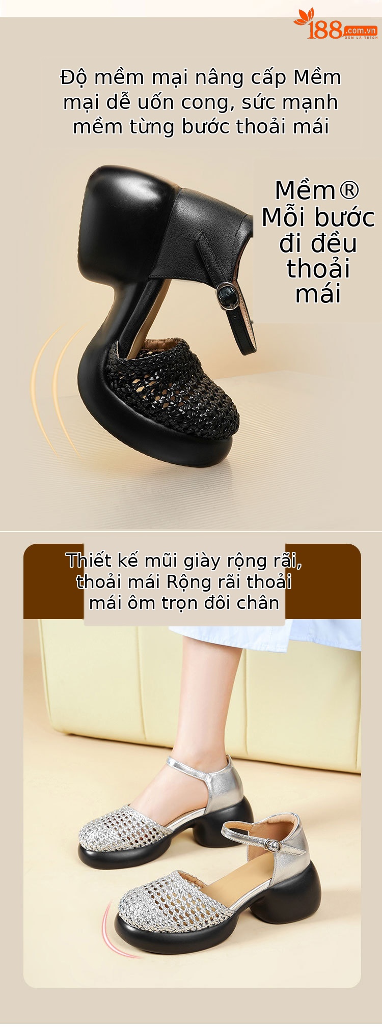 Sandal quai ngang cao gót nữ mũi bao dệt da thật, gót thô đế dày — Màu đen chi tiết 3
