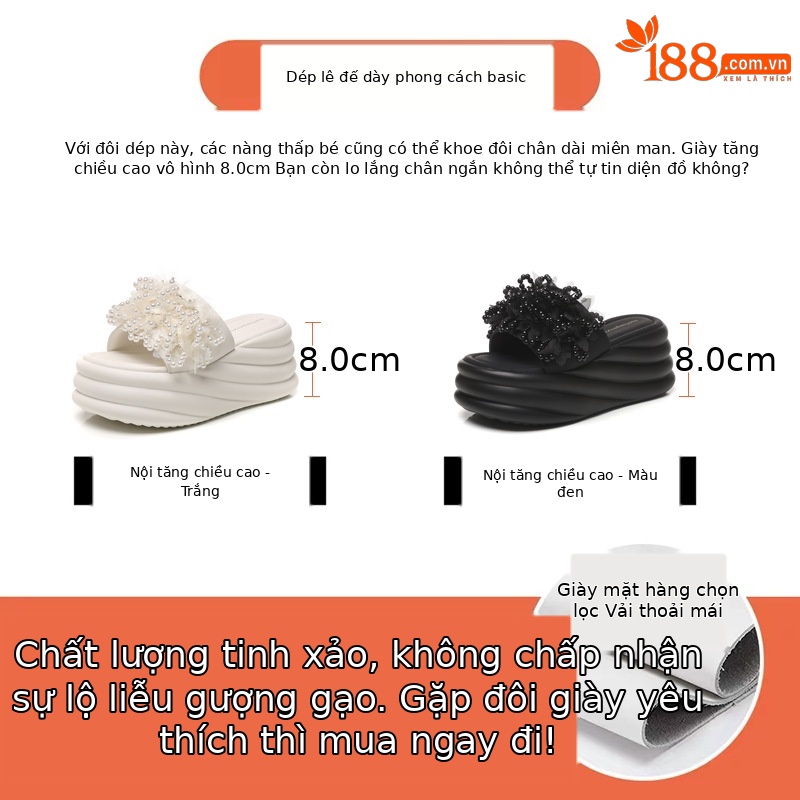 Dép lê ngọc trai thời trang đế dày độn cao bên trong, phong cách bánh xốp mùa hè — Màu đen, Màu trắng
