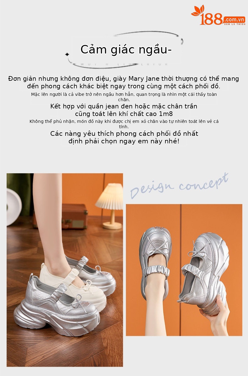 Giày Mary Jane nữ quai ngang có khóa, đế dày tăng chiều cao, mũi tròn, gót bánh khoai siêu cao trên 8 cm — Bạc, Len nguyên chất chi tiết 4