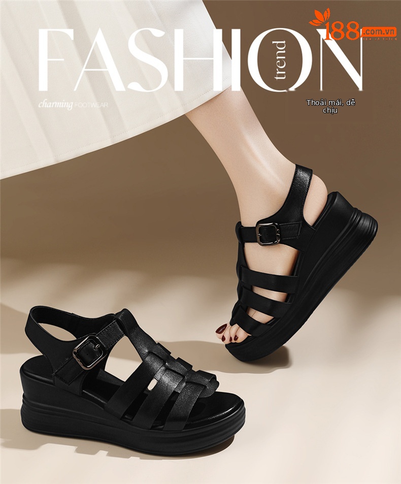 Dép sandal nữ đế xuồng kiểu La Mã, đế dày tăng chiều cao, da mềm đa năng mùa hè — 7177 Màu đen, 7177 màu be chi tiết 1