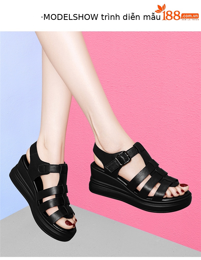 Dép sandal nữ đế xuồng kiểu La Mã, đế dày tăng chiều cao, da mềm đa năng mùa hè — 7177 Màu đen, 7177 màu be chi tiết 4