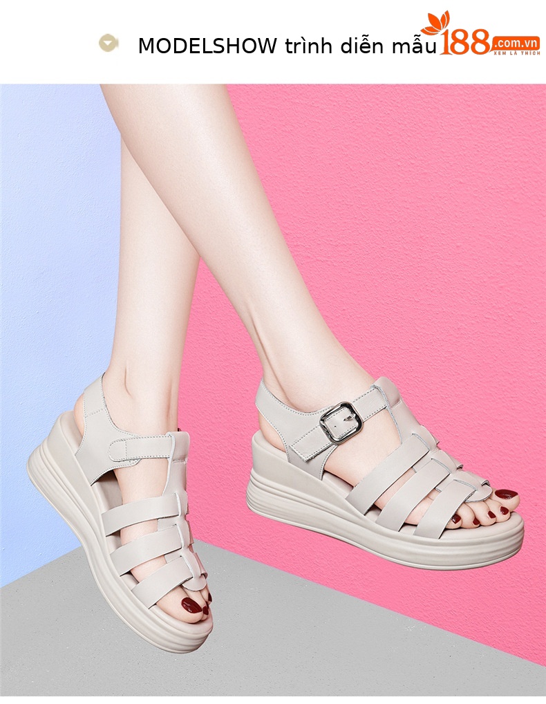 Dép sandal nữ đế xuồng kiểu La Mã, đế dày tăng chiều cao, da mềm đa năng mùa hè — 7177 Màu đen, 7177 màu be chi tiết 10