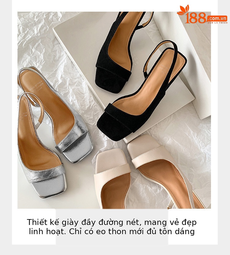 Sandal cao gót nữ hở mũi mũi vuông quai sau đơn giản phong cách Pháp — Màu đen, Màu trắng be, Màu bạc chi tiết 6