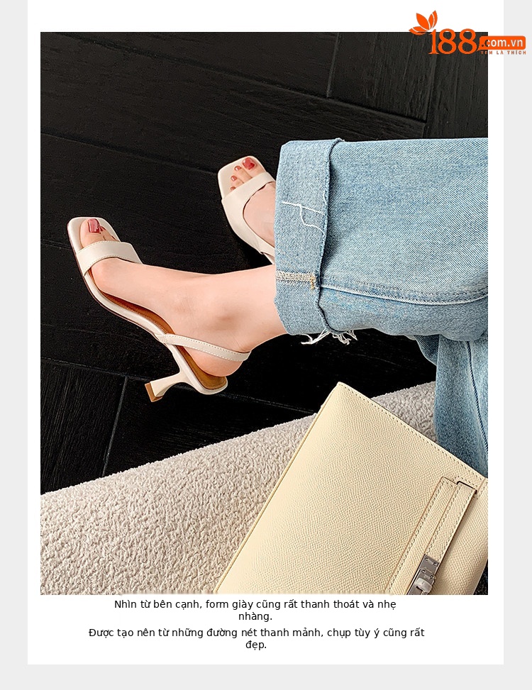 Sandal cao gót nữ hở mũi mũi vuông quai sau đơn giản phong cách Pháp — Màu đen, Màu trắng be, Màu bạc chi tiết 7