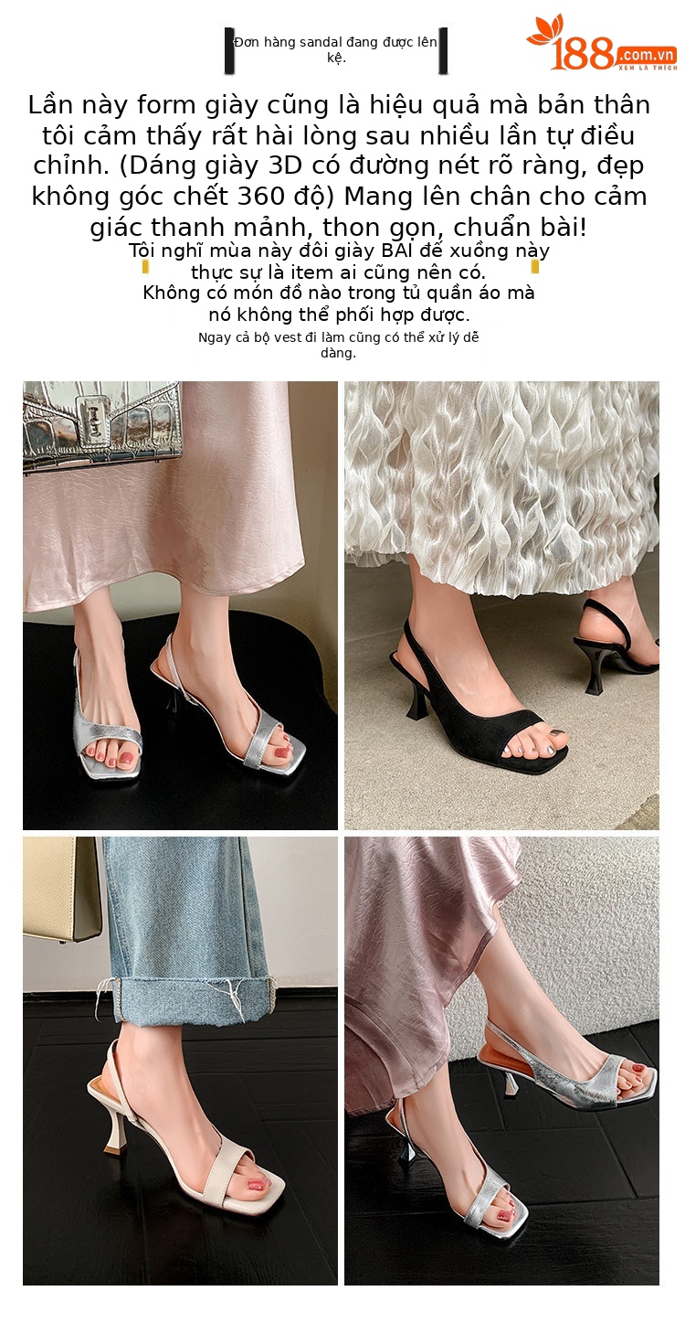 Sandal cao gót nữ hở mũi mũi vuông quai sau đơn giản phong cách Pháp — Màu đen, Màu trắng be, Màu bạc chi tiết 2