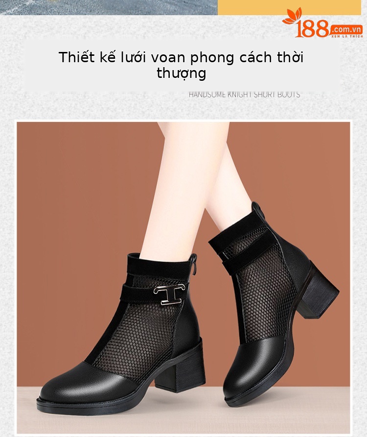 Boot lưới cao gót nữ cổ thấp mũi nhọn đế xuồng gót 6 cm — Màu đen 6cm chi tiết 2