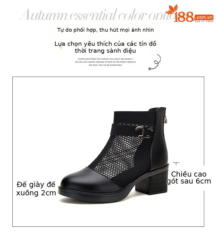 Boot lưới cao gót nữ cổ thấp mũi nhọn đế xuồng gót 6 cm — Màu đen 6cm chi tiết 4