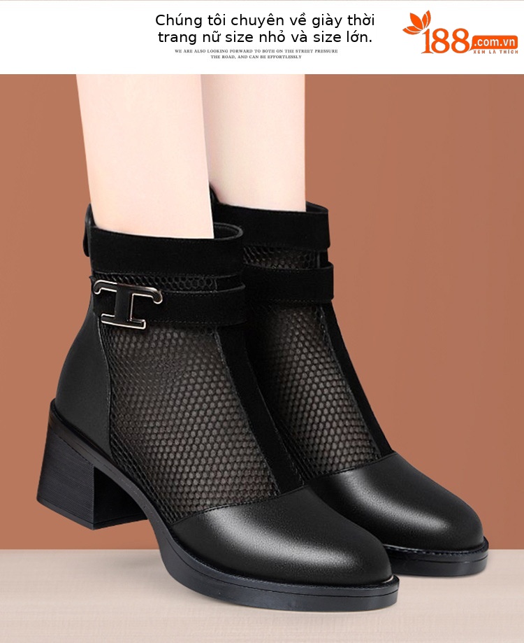 Boot lưới cao gót nữ cổ thấp mũi nhọn đế xuồng gót 6 cm — Màu đen 6cm chi tiết 14