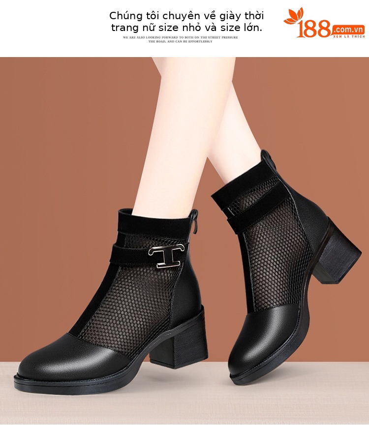 Boot lưới cao gót nữ cổ thấp mũi nhọn đế xuồng gót 6 cm — Màu đen 6cm chi tiết 15