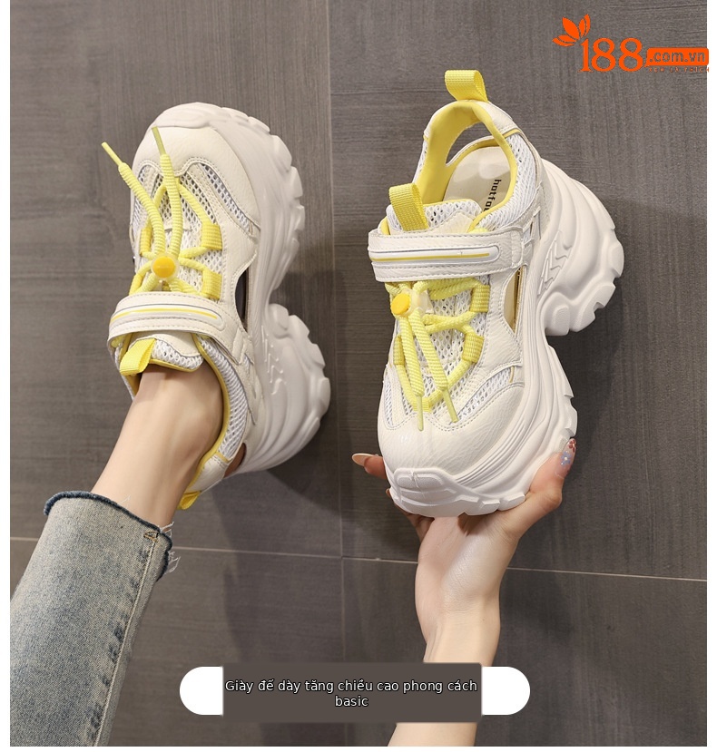 Giày sneaker nữ đế dày chunky thoáng khí mặt lưới đục lỗ độn cao bên trong — Màu trắng chi tiết 1
