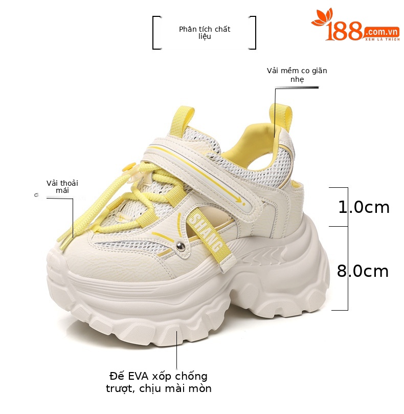 Giày sneaker nữ đế dày chunky thoáng khí mặt lưới đục lỗ độn cao bên trong — Màu trắng chi tiết 3