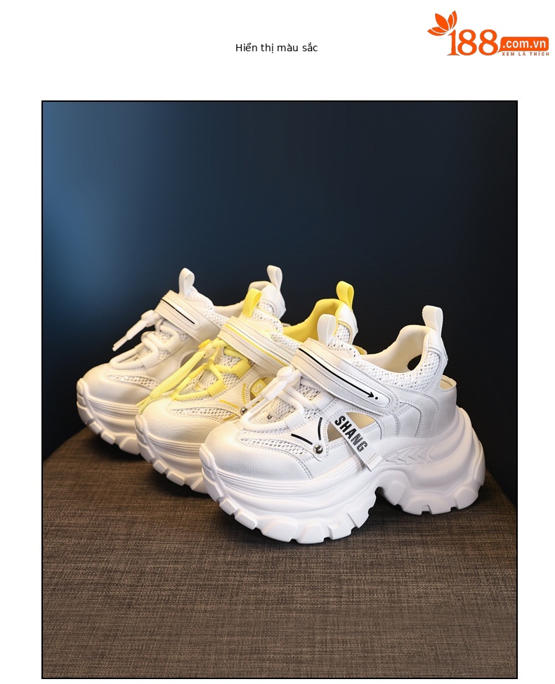 Giày sneaker nữ đế dày chunky thoáng khí mặt lưới đục lỗ độn cao bên trong — Màu trắng chi tiết 18