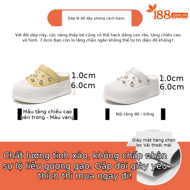 Dép bao đầu nhỏ đế dày tăng chiều cao bên trong cho nữ, form slip-on đế xuồng mùa hè — Màu trắng, Màu vàng