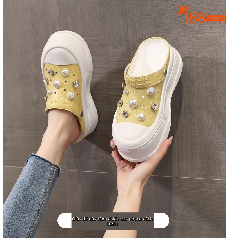 Dép bao đầu nhỏ đế dày tăng chiều cao bên trong cho nữ, form slip-on đế xuồng mùa hè — Màu trắng, Màu vàng chi tiết 1