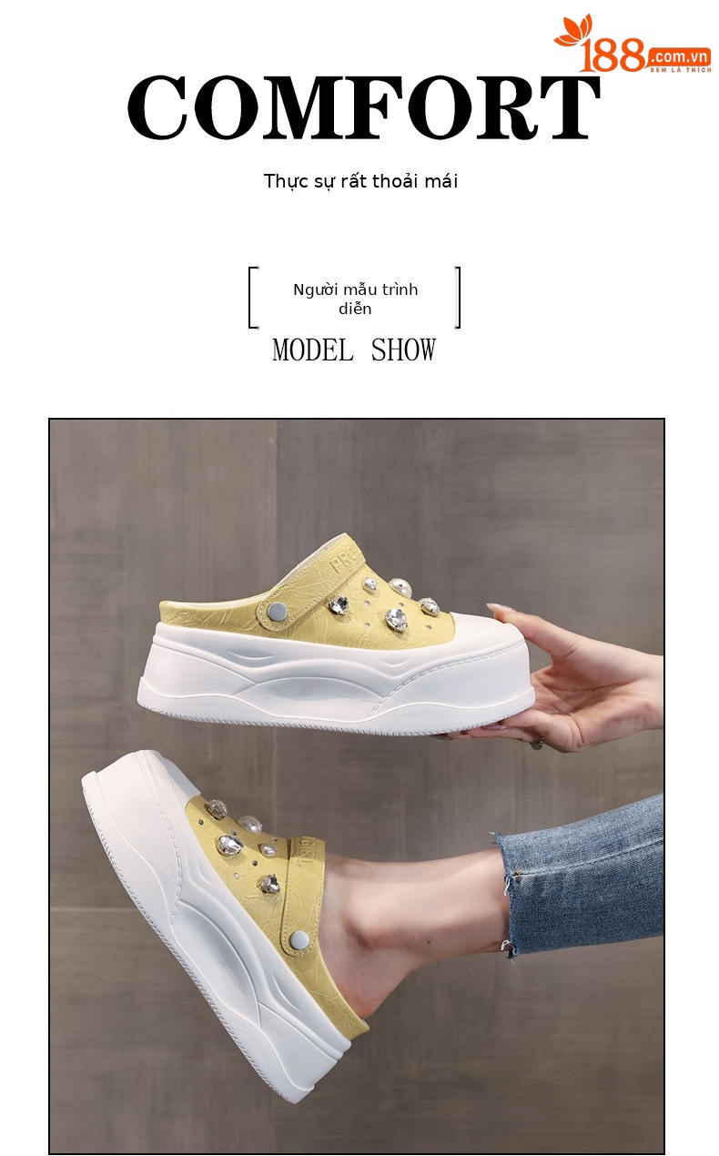 Dép bao đầu nhỏ đế dày tăng chiều cao bên trong cho nữ, form slip-on đế xuồng mùa hè — Màu trắng, Màu vàng chi tiết 11