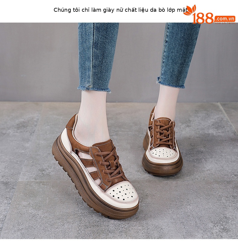 Dép xỏ ngón nữ da bò thật đế dày mềm mùa hè — nâu chi tiết 2