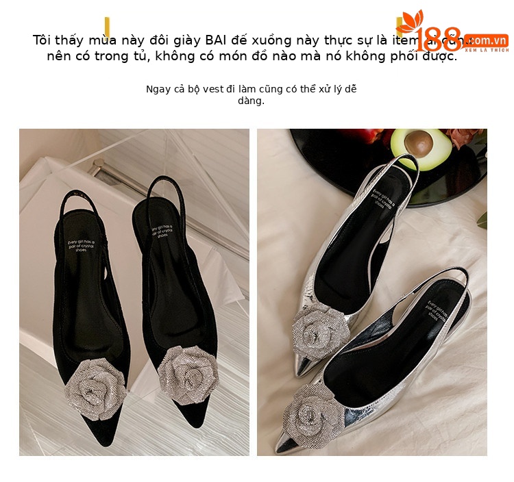 Sandal nữ mũi nhọn quai sau gót thấp da bò hoa nổi — đen, bạc chi tiết 5