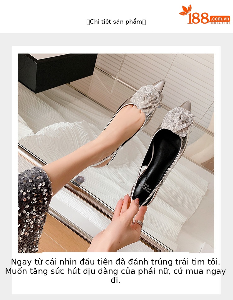 Sandal nữ mũi nhọn quai sau gót thấp da bò hoa nổi — đen, bạc chi tiết 6