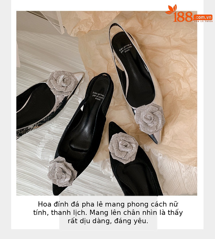 Sandal nữ mũi nhọn quai sau gót thấp da bò hoa nổi — đen, bạc chi tiết 8