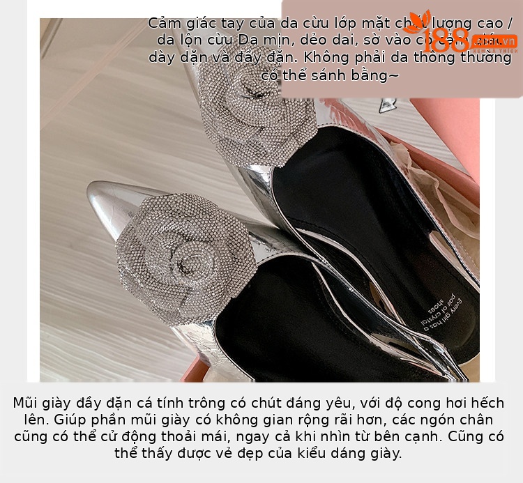 Sandal nữ mũi nhọn quai sau gót thấp da bò hoa nổi — đen, bạc chi tiết 10