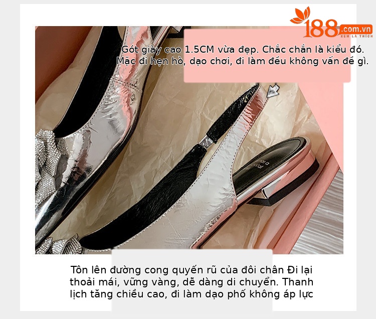 Sandal nữ mũi nhọn quai sau gót thấp da bò hoa nổi — đen, bạc chi tiết 12