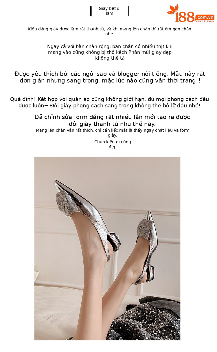 Sandal nữ mũi nhọn quai sau gót thấp da bò hoa nổi — đen, bạc chi tiết 2