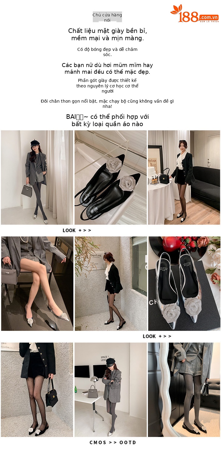 Sandal nữ mũi nhọn quai sau gót thấp da bò hoa nổi — đen, bạc chi tiết 3