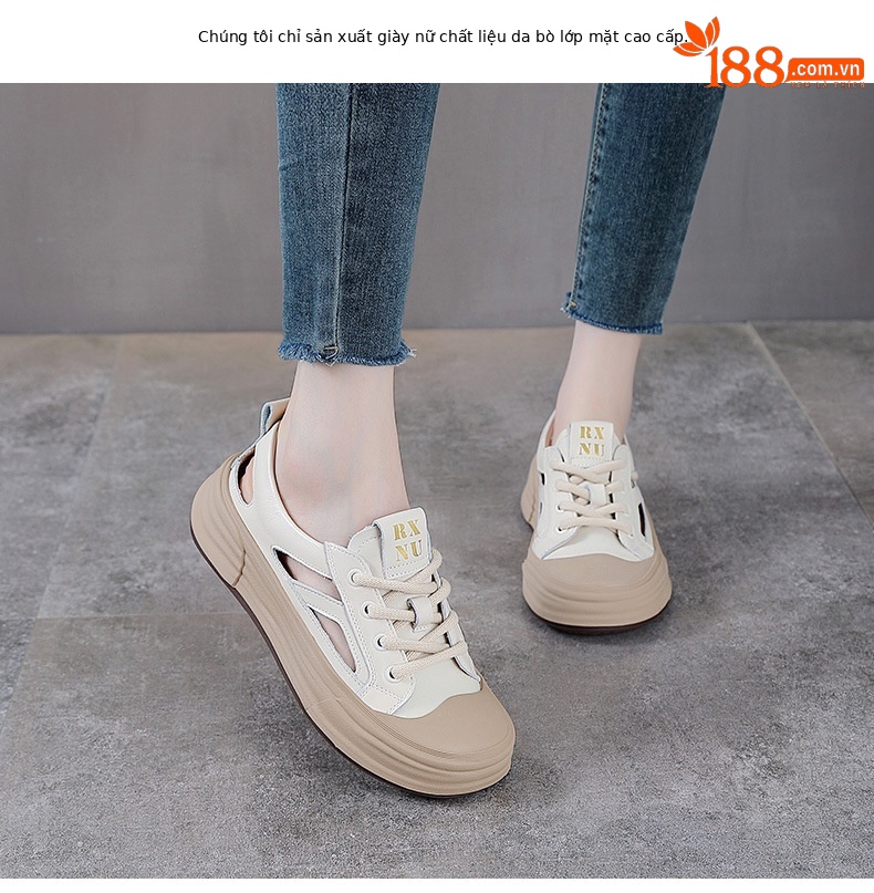 Dép sandal nữ mũi nhọn da bò thật, quai chữ V đế dày thể thao — trắng chi tiết 2
