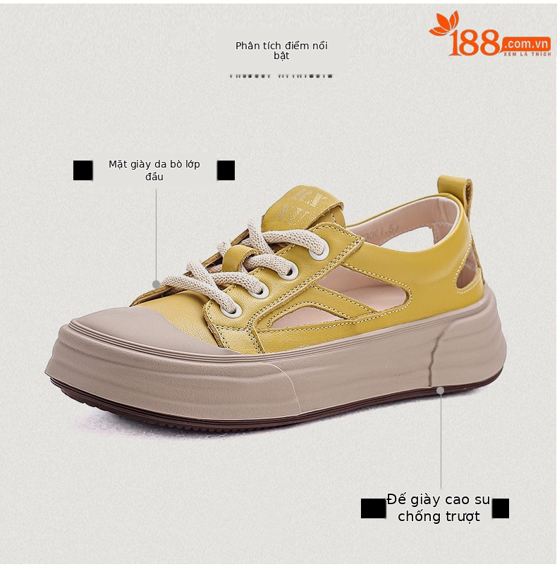 Dép sandal nữ mũi nhọn da bò thật, quai chữ V đế dày thể thao — trắng chi tiết 3