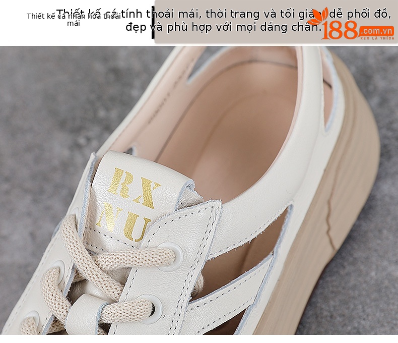 Dép sandal nữ mũi nhọn da bò thật, quai chữ V đế dày thể thao — trắng chi tiết 5