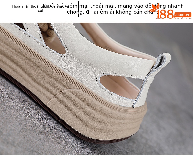 Dép sandal nữ mũi nhọn da bò thật, quai chữ V đế dày thể thao — trắng chi tiết 6