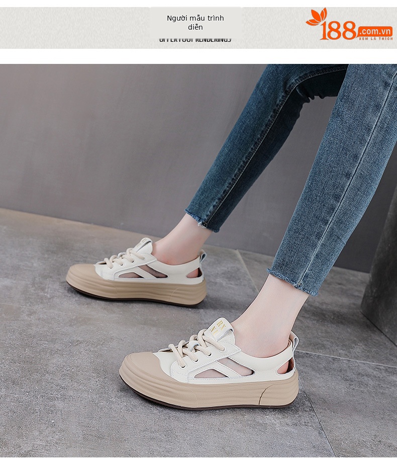 Dép sandal nữ mũi nhọn da bò thật, quai chữ V đế dày thể thao — trắng chi tiết 9