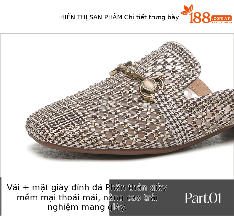Dép mule nữ đầu vuông mặt lưới họa tiết chân chim đính đá pha lê khóa kim loại phong cách Hàn Quốc — 7190 màu vàng kim chi tiết 11