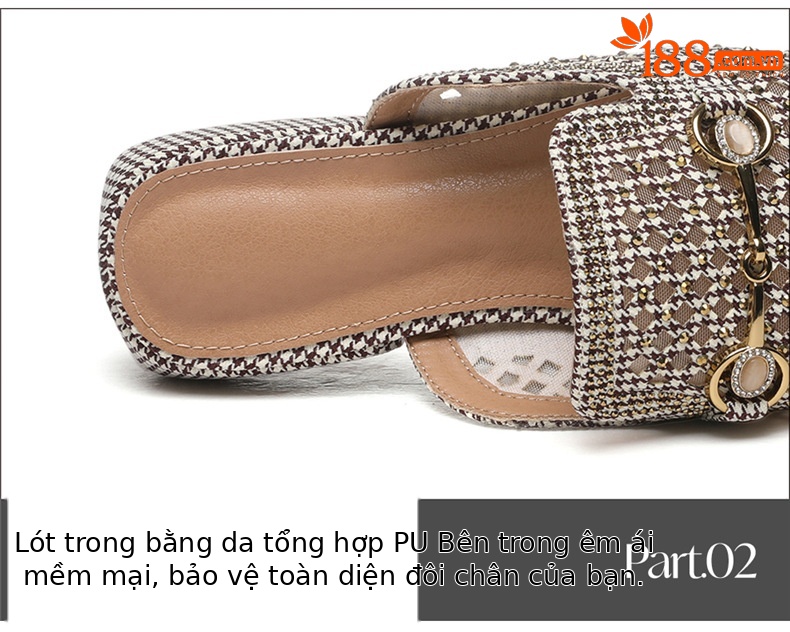 Dép mule nữ đầu vuông mặt lưới họa tiết chân chim đính đá pha lê khóa kim loại phong cách Hàn Quốc — 7190 màu vàng kim chi tiết 12