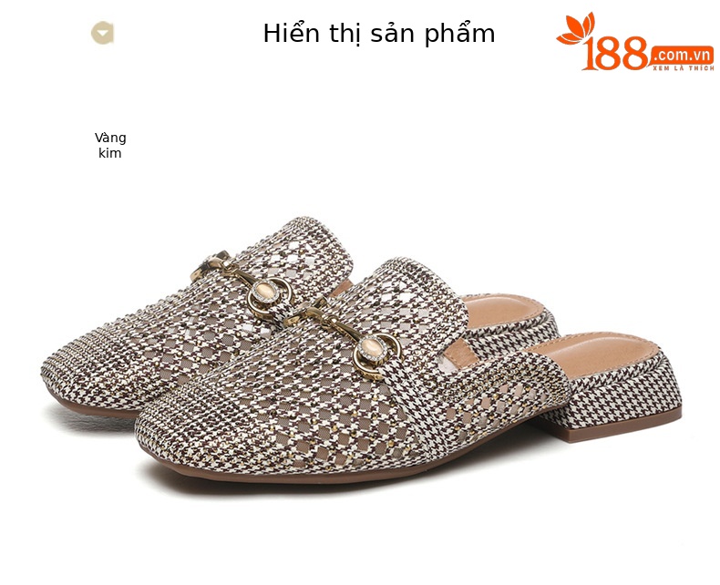 Dép mule nữ đầu vuông mặt lưới họa tiết chân chim đính đá pha lê khóa kim loại phong cách Hàn Quốc — 7190 màu vàng kim chi tiết 14