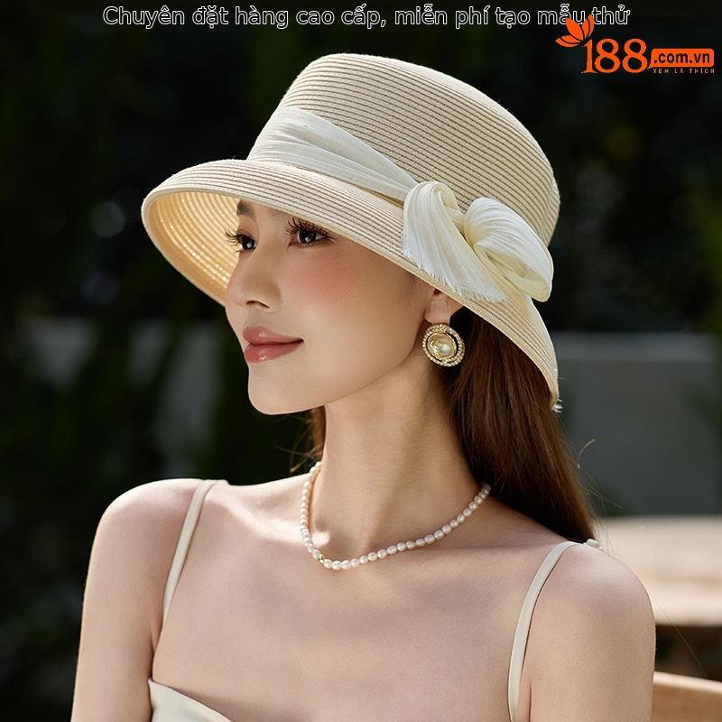 Mũ cói rộng vành nữ kiểu Pháp phong cách Hepburn, có thể điều chỉnh (56–58 cm) — Màu be