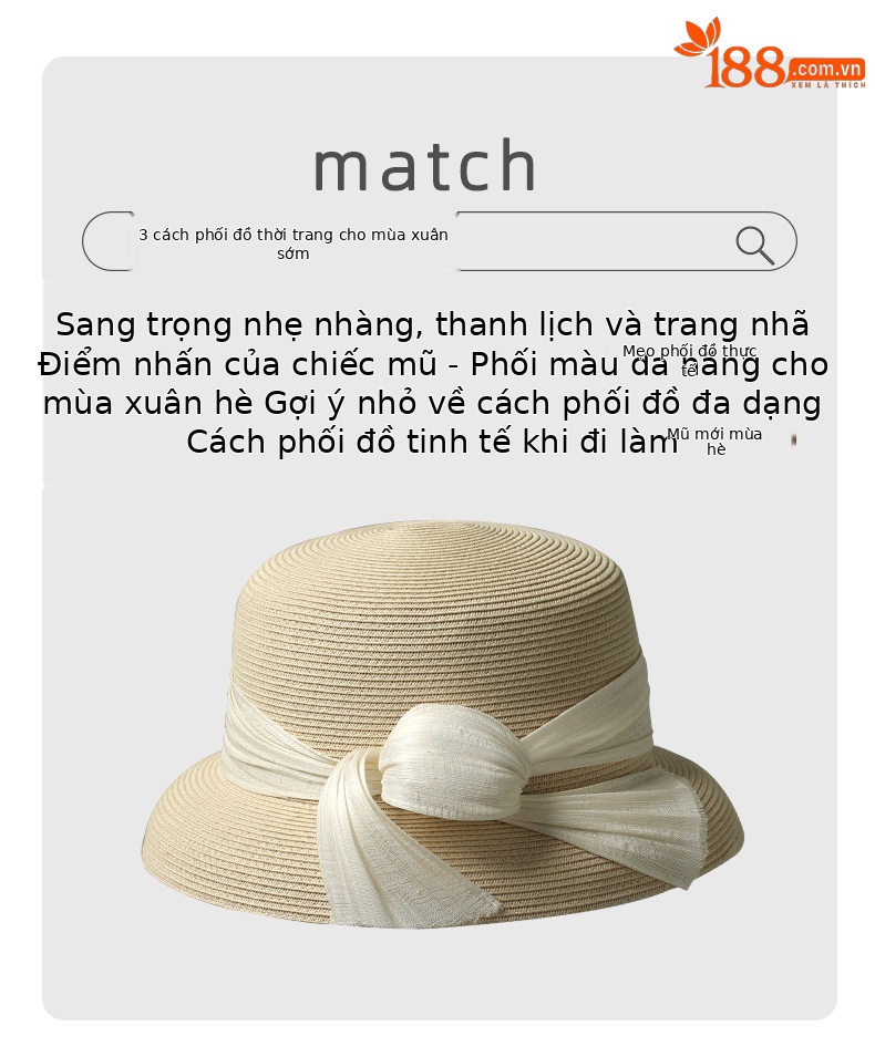 Mũ cói rộng vành nữ kiểu Pháp phong cách Hepburn, có thể điều chỉnh (56–58 cm) — Màu be chi tiết 2