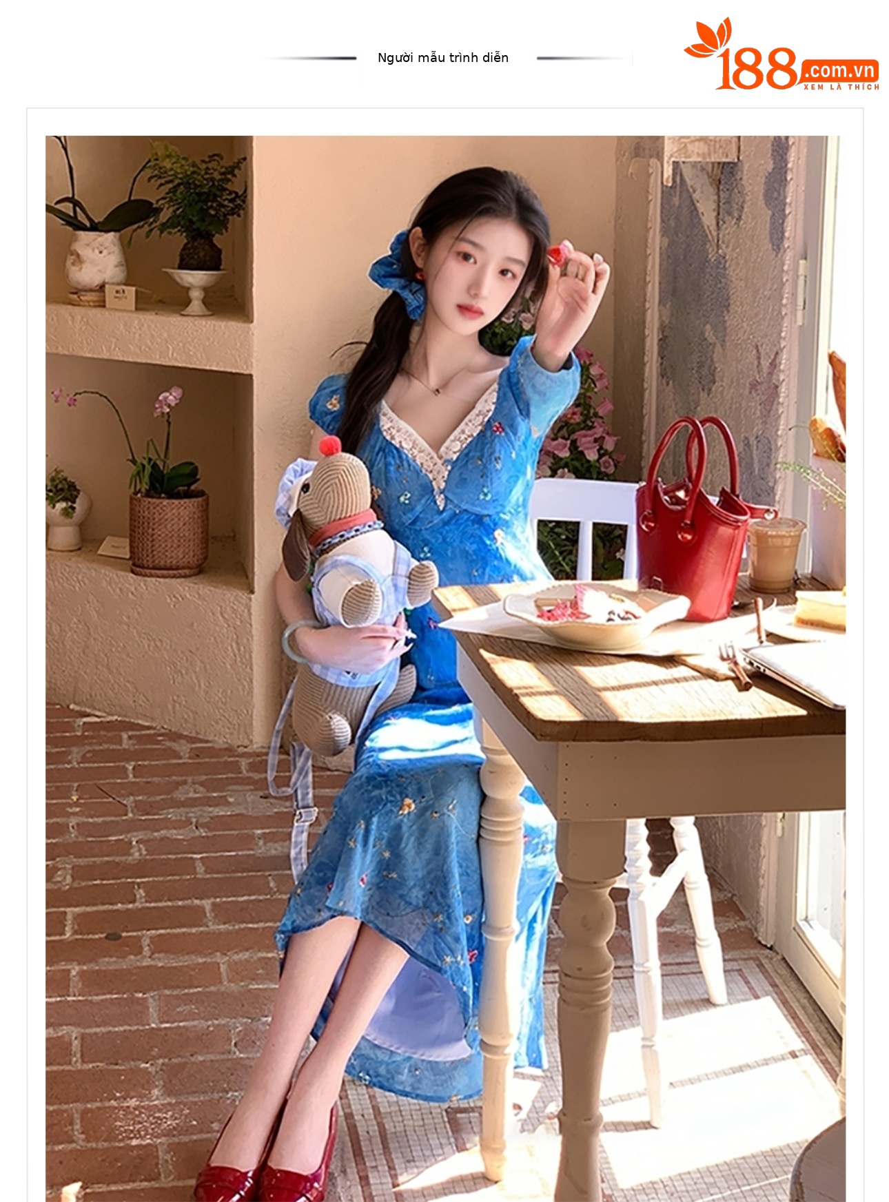 Váy maxi nữ in họa tiết phong cách Pháp thêu tay thanh lịch mùa hè N4097 — Xanh lam nhỏ chi tiết 1