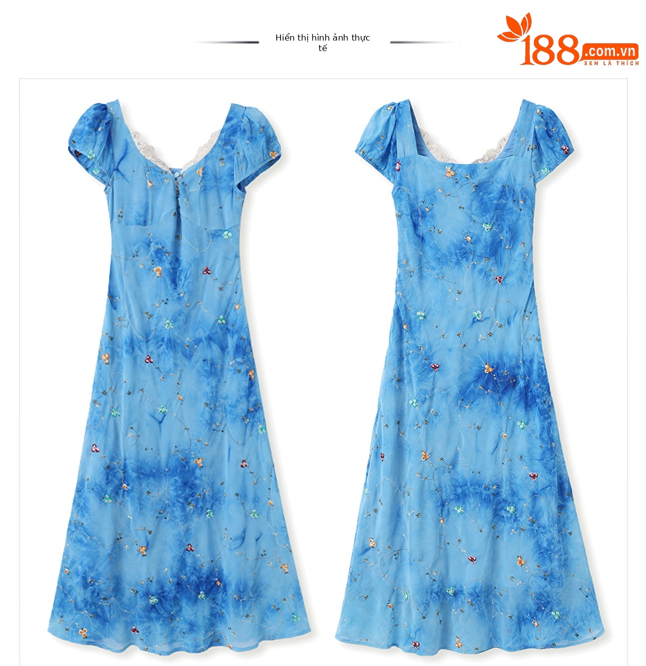 Váy maxi nữ in họa tiết phong cách Pháp thêu tay thanh lịch mùa hè N4097 — Xanh lam nhỏ chi tiết 4