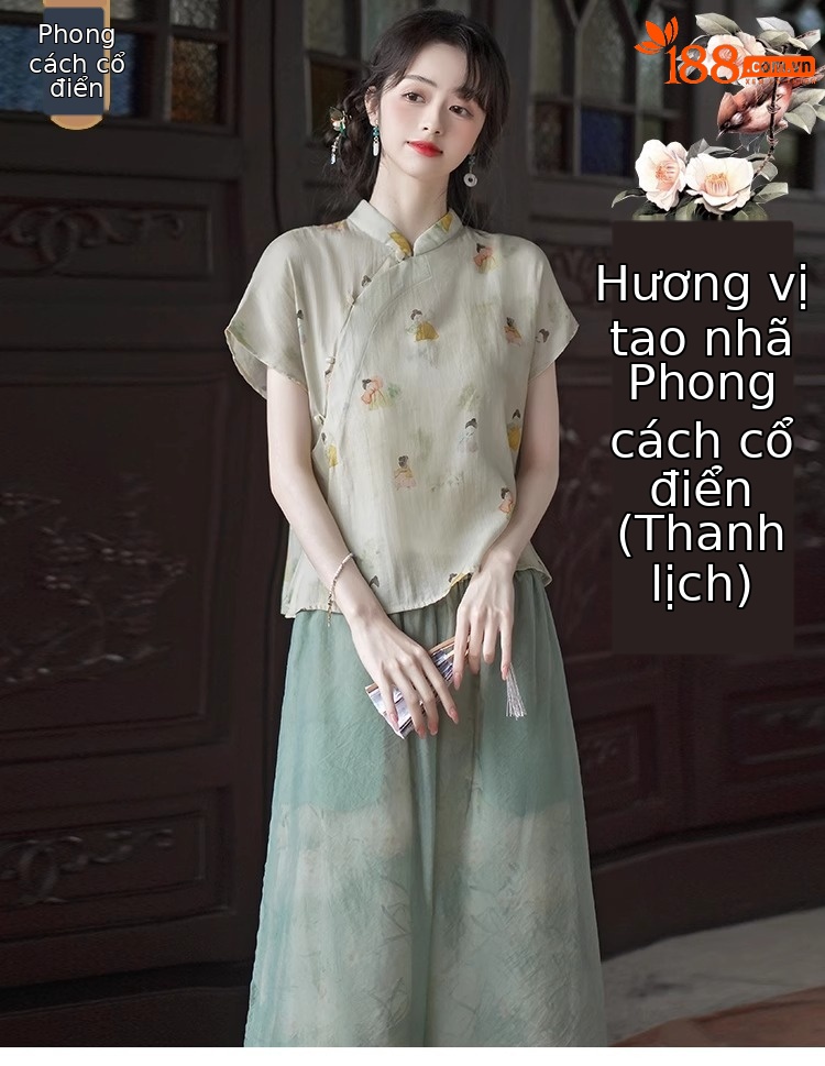 Áo sơ mi in hoa cổ điển kiểu Trung Quốc mùa hè, cổ đứng, tay ngắn, phong cách quốc phong — Áo chi tiết 1