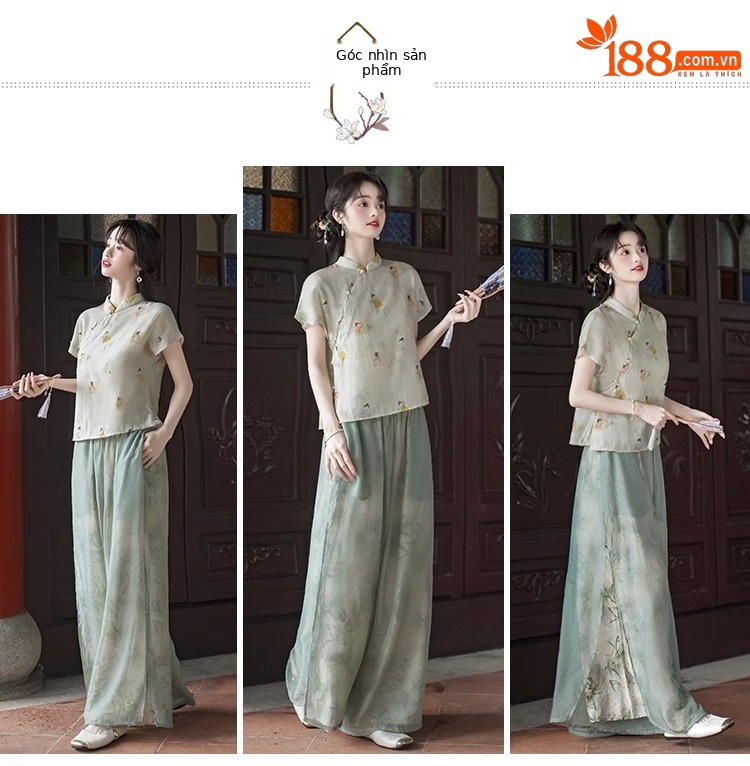 Áo sơ mi in hoa cổ điển kiểu Trung Quốc mùa hè, cổ đứng, tay ngắn, phong cách quốc phong — Áo chi tiết 3